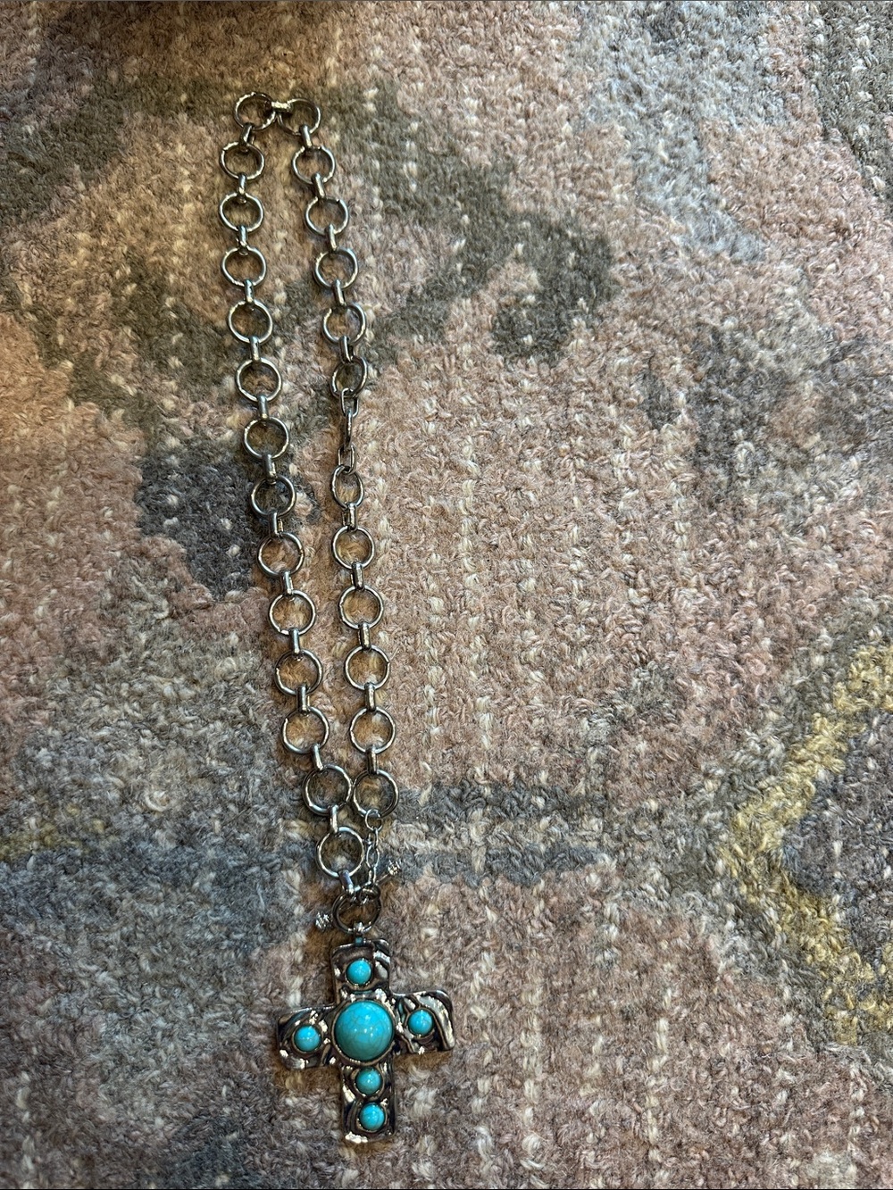 Turquoise Cross Pendant Necklace - Silver Tone Chain